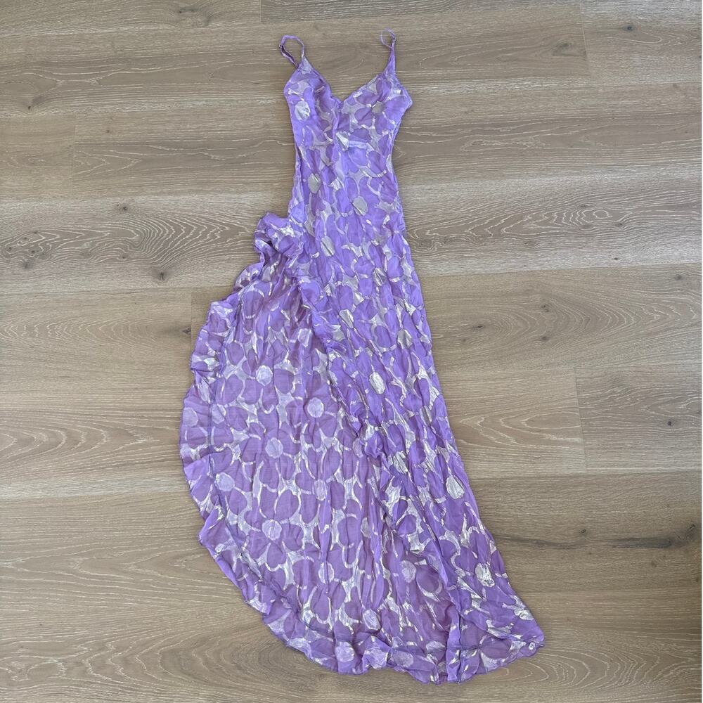 Delfi Collective Sheer Maxi Dress Cover Up Ruffles Lara Size XS Lilac Silver